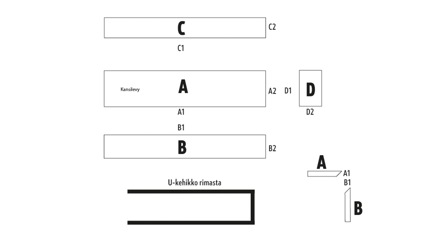 Mustavalkoinen kaavio: suorakaiteet C, A (kansilevy), B, D, U-kehikko ja poikkileikkaukset.