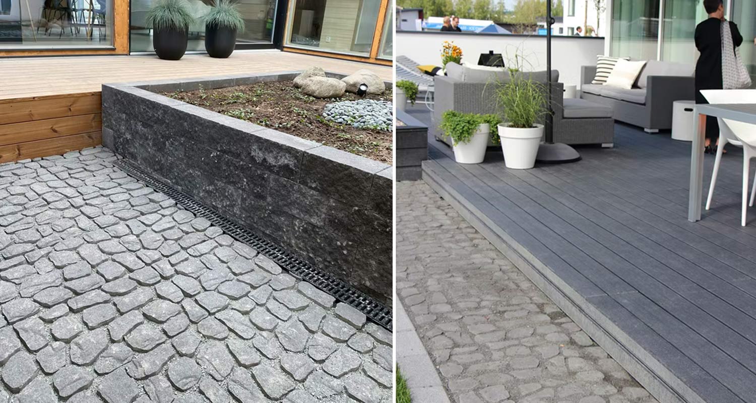 Ulkoterassi, vas. harmaa lohkotiililaatta ja istutuslaatikko, oik. harmaa komposiittilauta ja sohva.