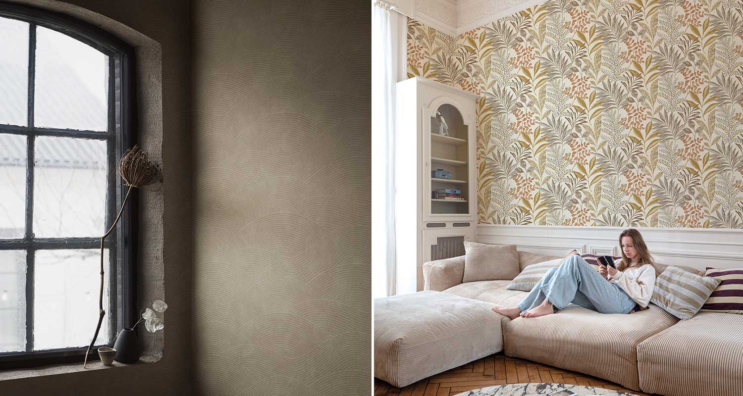 Murretut sävyt ja luonnolliset kuviot tapeteissa, paljon erilaisia kuoseja ja värejä K-Raudan valikoimissa. 