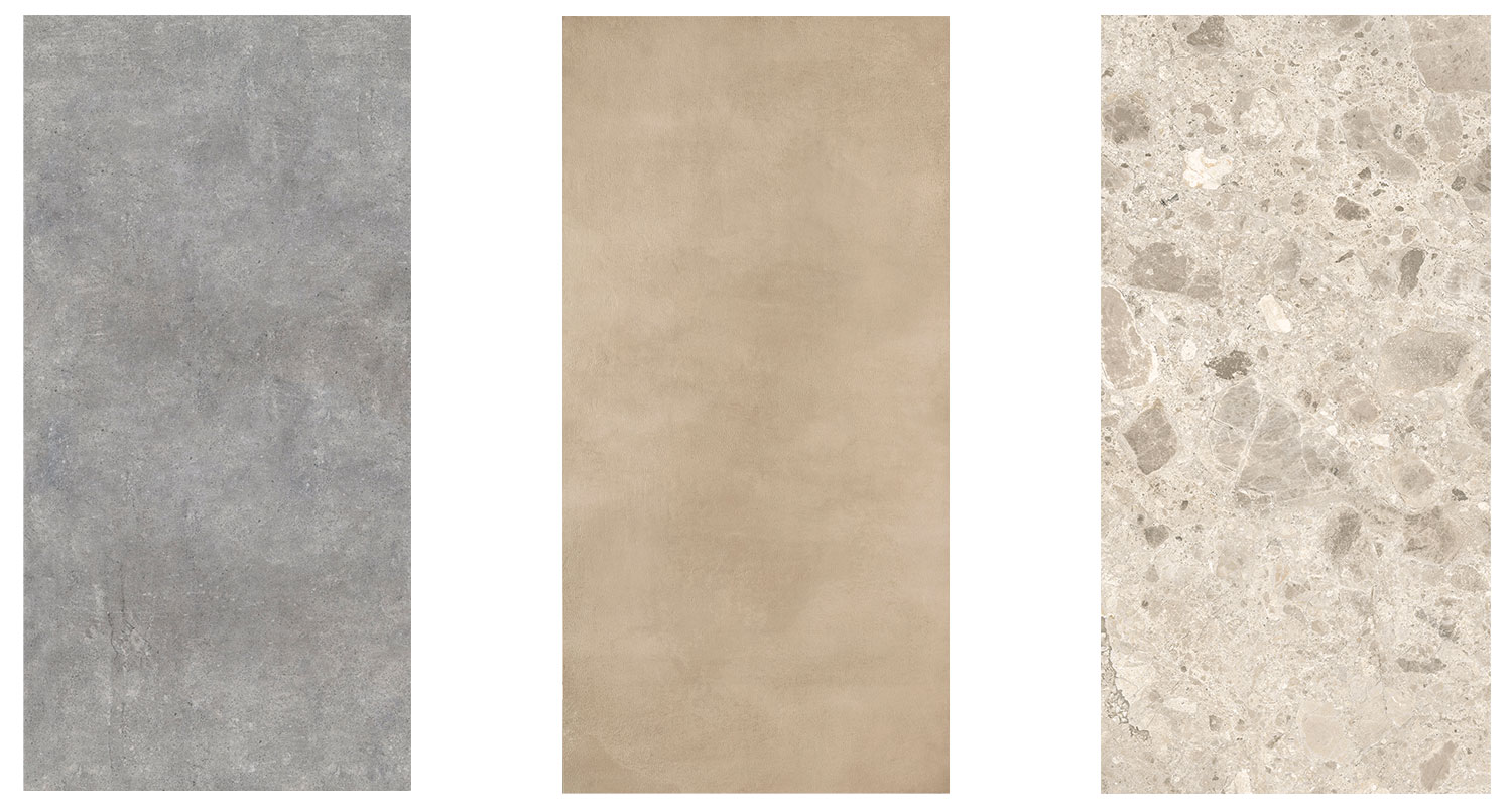 Kolme eri hintaista laattaa kylpyhuoneeseen: betonin näköinen harmaa, pehmeäilmeinen beige ja kivikuvioinen vaalea beige, kaikki K-Raudasta