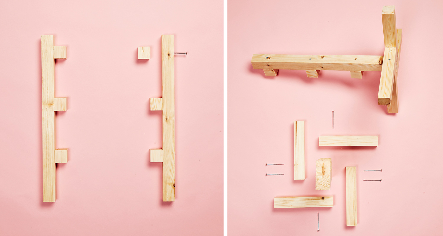 Vaaleat puupalat ja naulat levitelty vaaleanpunaisella taustalla, hyllyosan osia