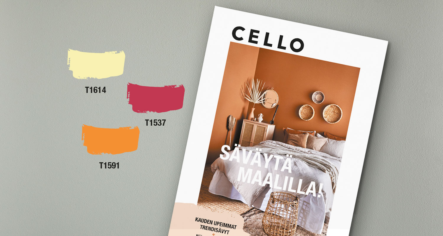 Värimallit T1614 keltainen, T1537 pinkki, T1591 oranssi ja oranssi makuuhuone rottinkikoristein