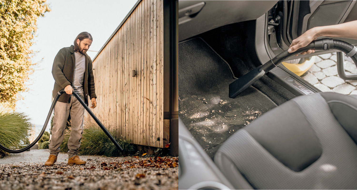 Ulkona puhallinimuri kerää syksyn lehtiä puutalon edustalla, oikealla mustaa autonmattoa imuroidaan