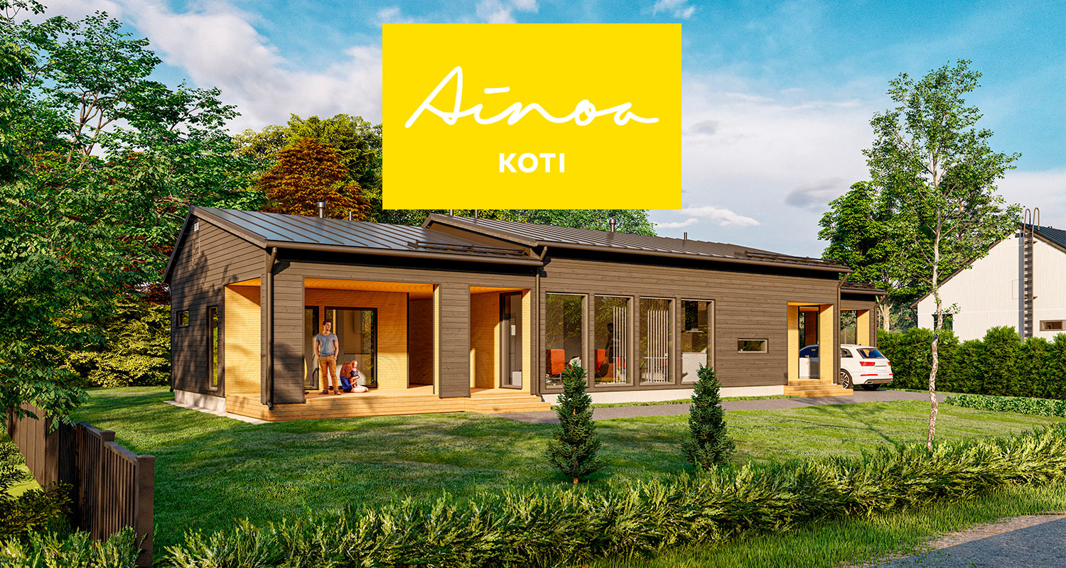 Mustan puutalon terassi perheen kanssa, vehreä piha ja keltainen Ainoa Koti-logo