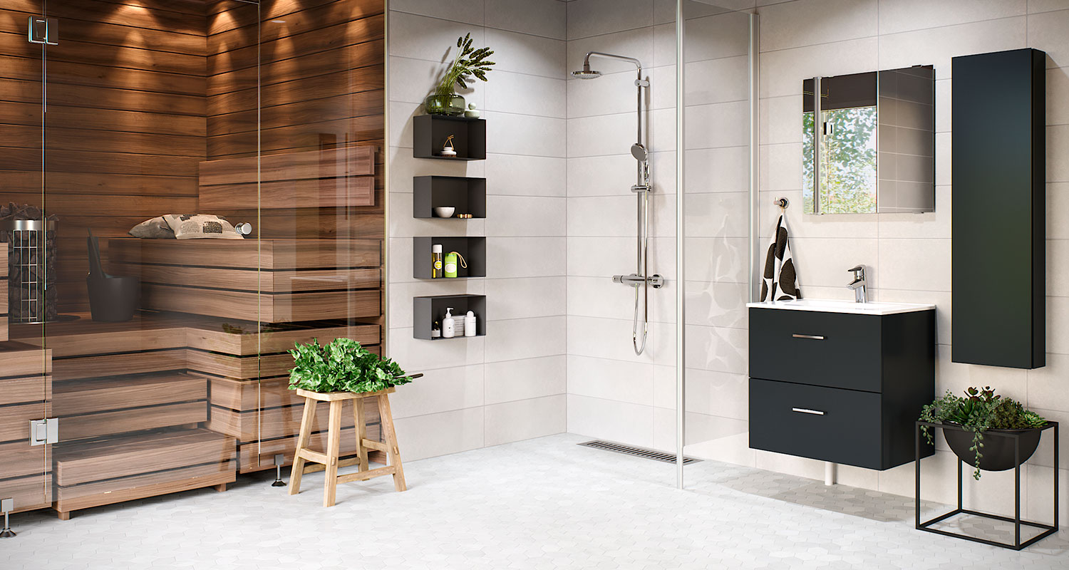 Tyylikäs vaalea kylpyhuone tummin kalustein, jonka yhteydessä sauna. 