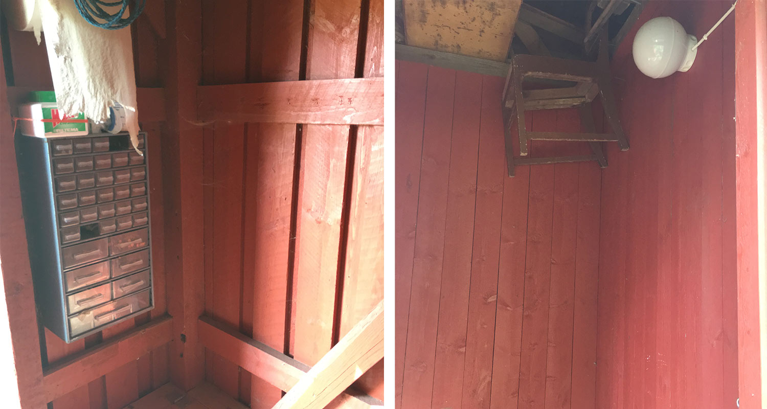 Punainen puuvaja, seinässä pientarvikelaatikosto, ylhäällä ylösalainen jakkara ja valkoinen lamppu.