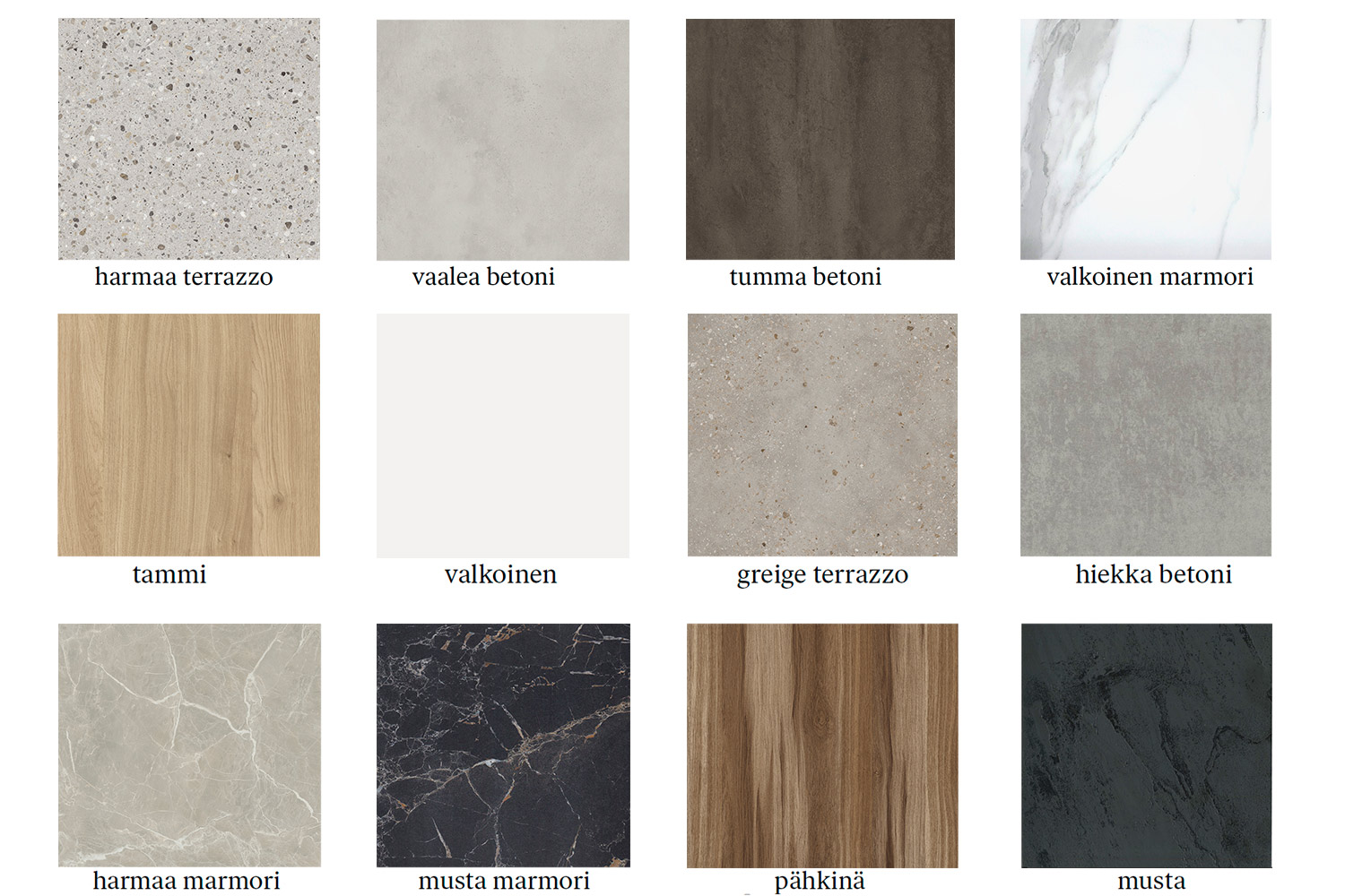 Kuvassa näkyy Cello-keittiöiden keittiötasojen kuosit ja sävyt.