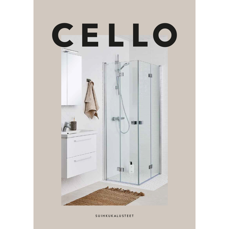 Valkoinen kylpyhuone lasisella kulmasuihkulla, kromisomisteet, beige pyyhe ja matto.