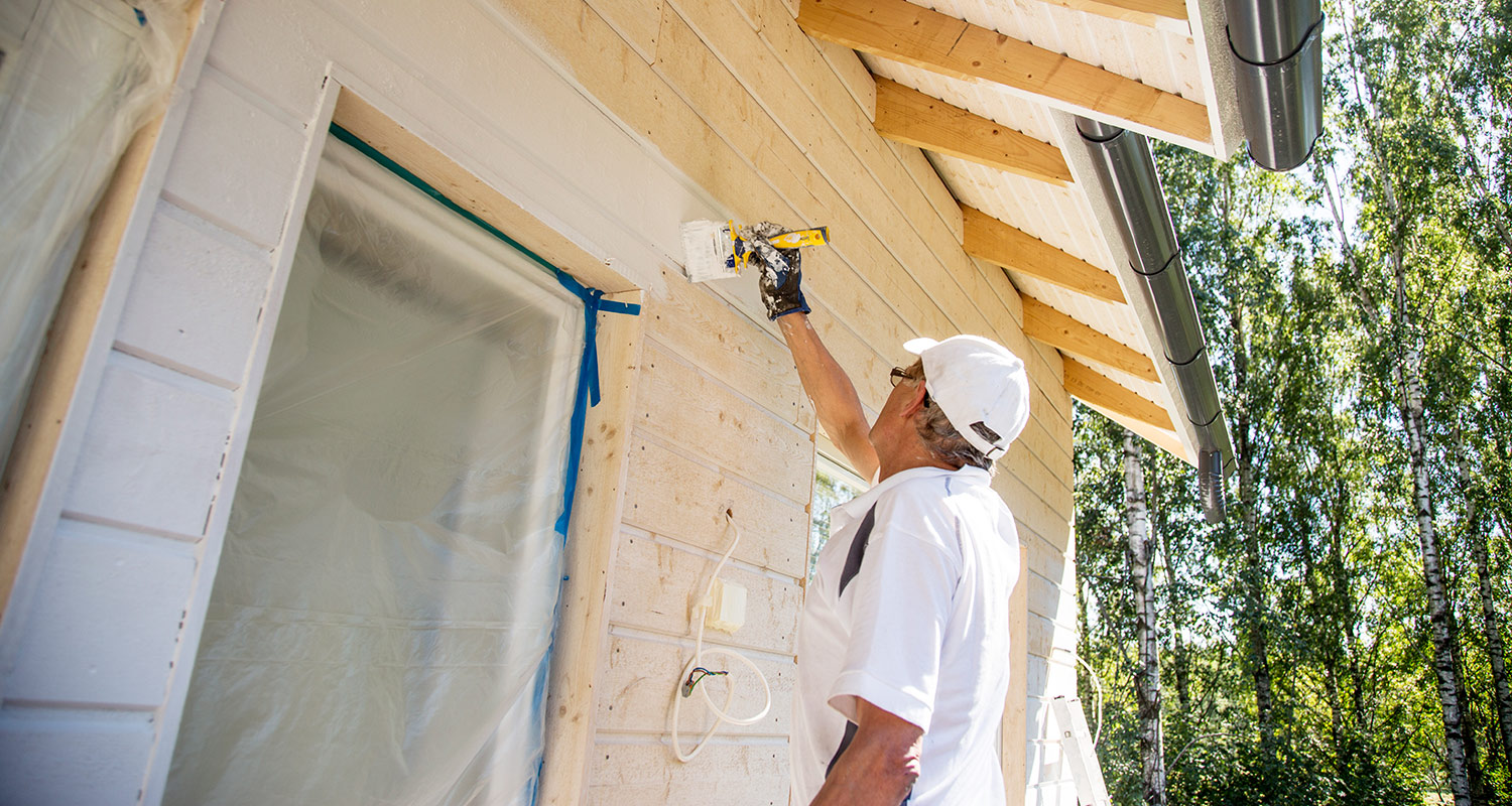 Mies maalaa vaaleaa puuverhousta valkoiseksi kesäisessä koivuympäristössä.