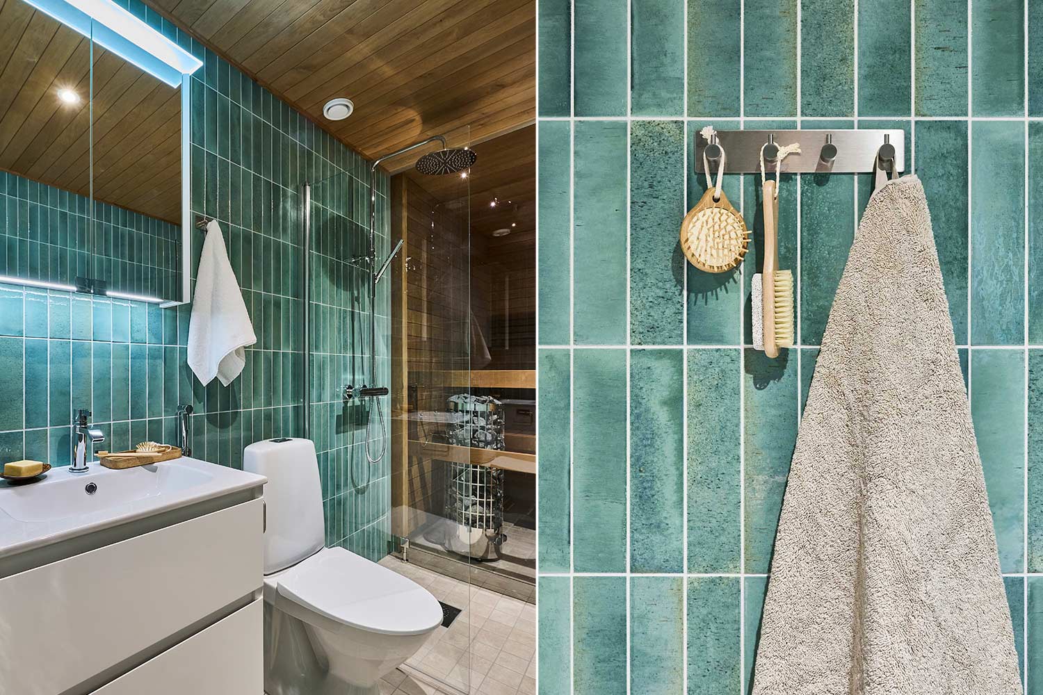 Kylpyhuoneen seinässä on näyttävä seinälaatta Lume 6x24 turkoosi  ja lattiassa Saaga vaalea beige 9,7x9,7. Tuotteet K-Raudan valikoimista.