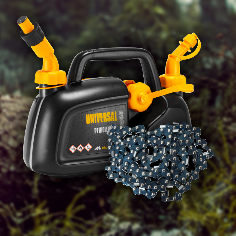 Musta-keltainen “Universal” bensiiniastia ja moottorisahan ketju metsätaustalla