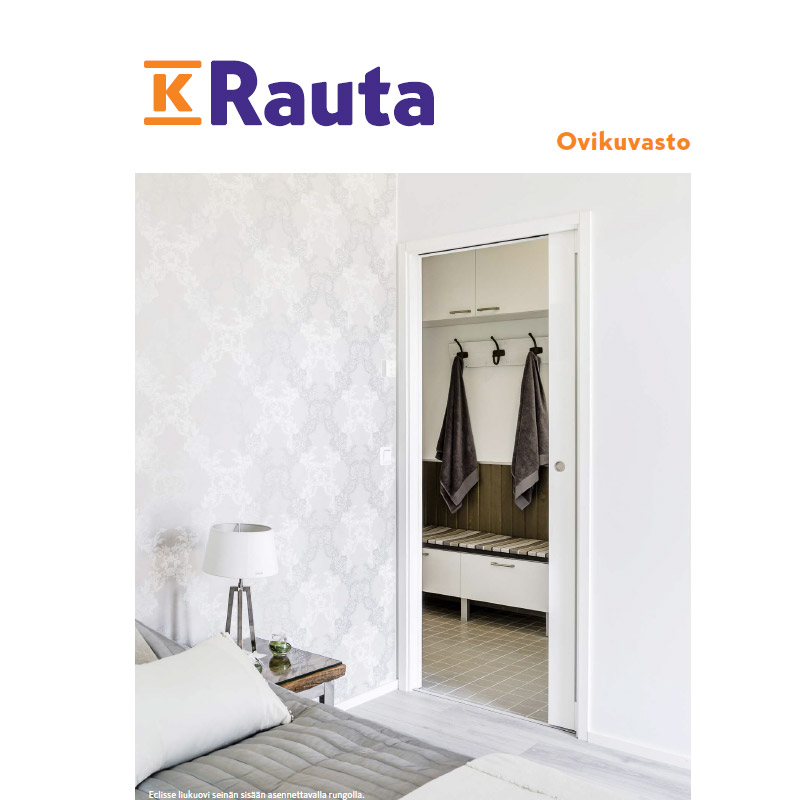 K-Rauta-logo ja Ovikuvasto-teksti, valkoinen seinään upotettu liukuovi makuuhuoneesta eteiseen