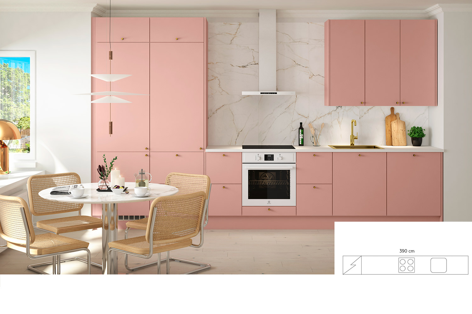 Cello-keittiöiden mallistot, kuvassa Onnela ovimallillinen keittiö. Cello-keittiöitä myy K-Rauta. 