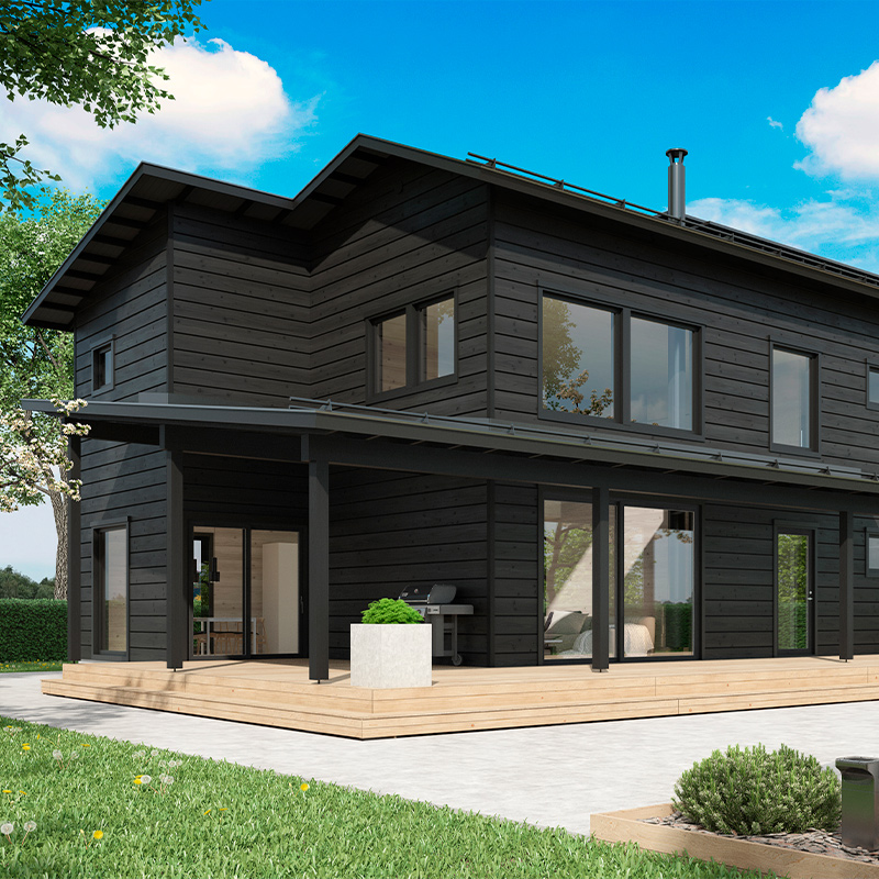 Musta puurakenteinen moderni kaksikerroksinen talo terassilla, suurilla ikkunoilla ja nurmella.