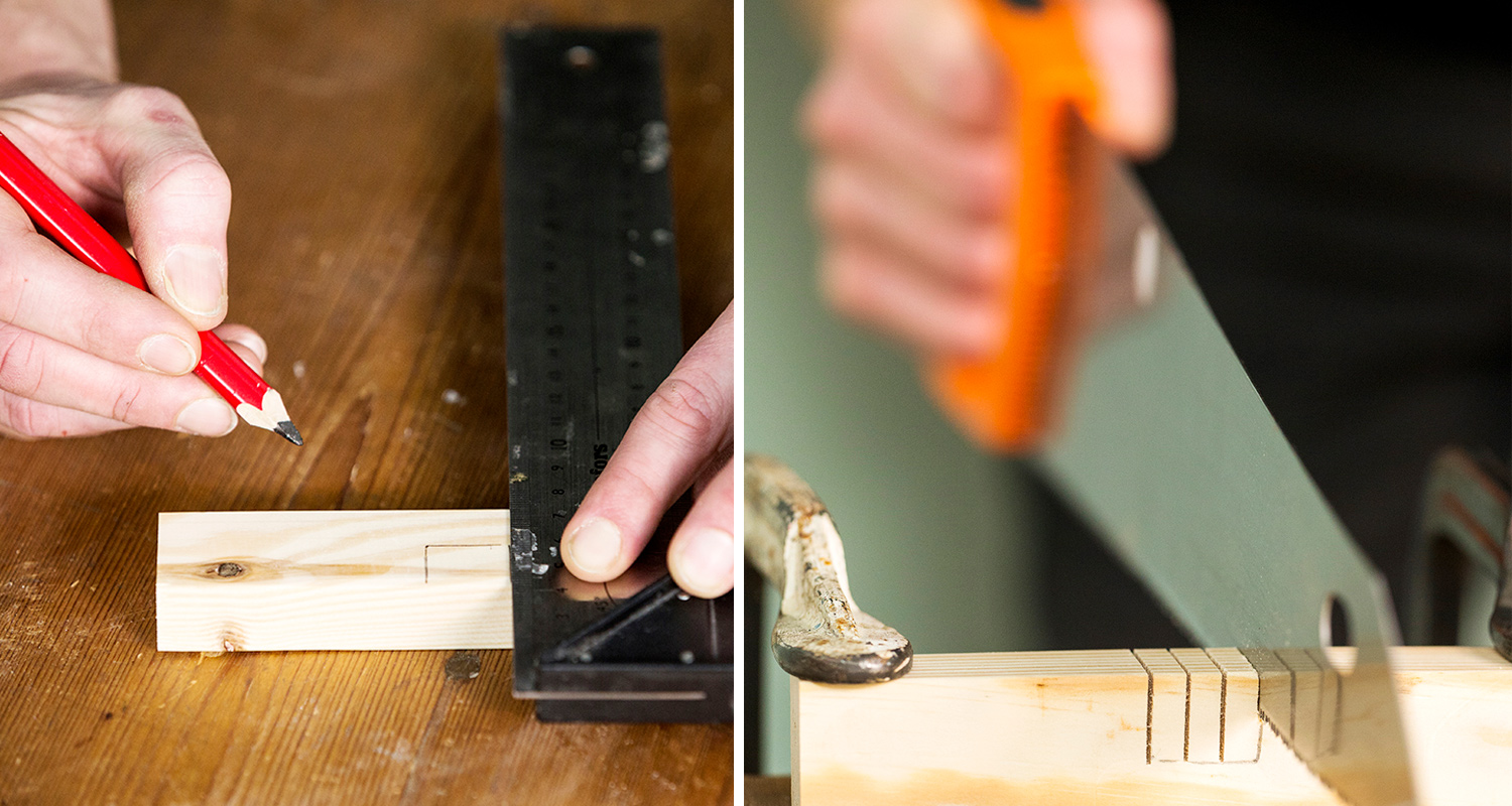 Merkkaus ja sahaus mäntypuiseen puupalikkaan: punainen kynä, musta kulmaviivain, oranssi saha.