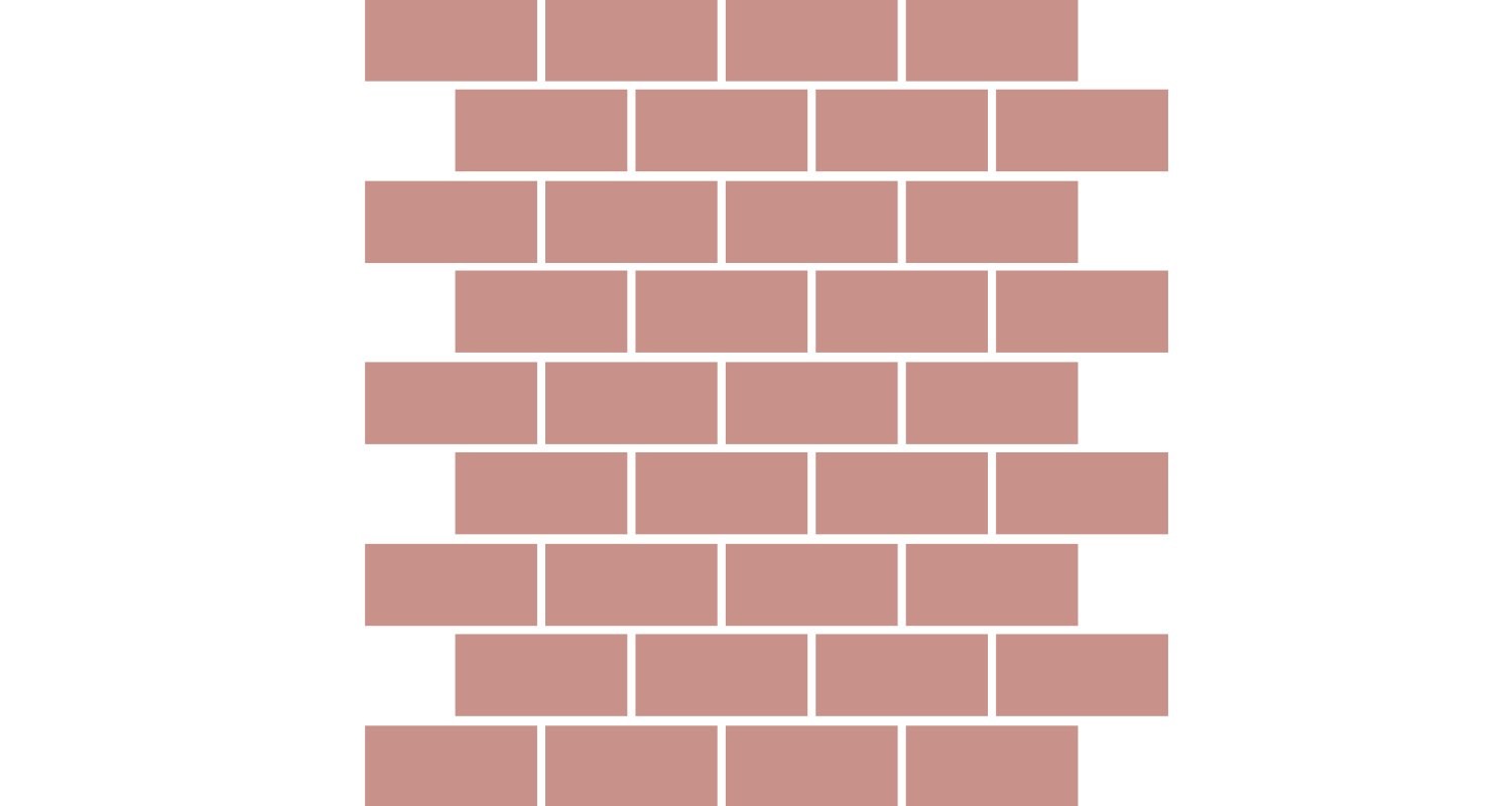 Epäsäännöllisesti limittäin asetellut vaaleanpunaiset tiilet valkoisella taustalla.