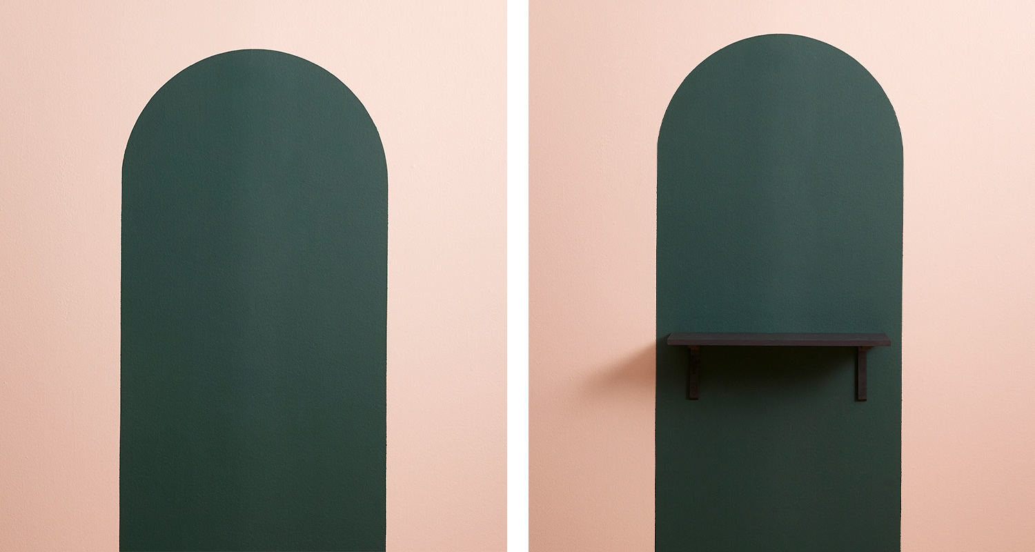 Peilin tehosteseinän teko-ohjeiden vaihe 4. Kuvassa rajattu osuus on maalattu valitulla sävyllä ja kiinnitetty hylly.