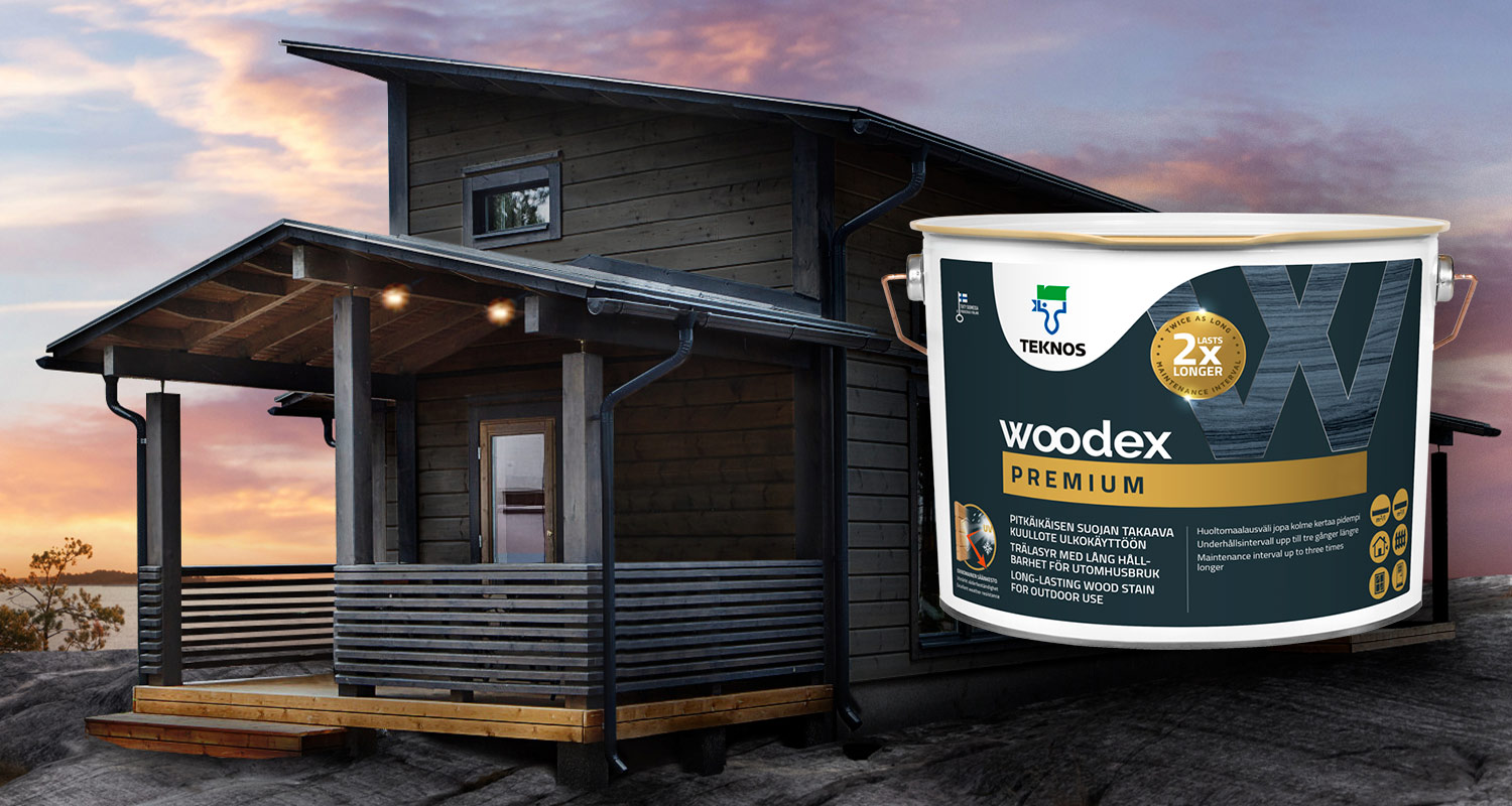 Talon ulkopuupinta on käsitelty Teknos Woodex Premium -kuullotteella, tuotetta myy K-Rauta. Kuvassa myös pakkauskuva Teknos Woodex Premium -kuullotteesta.