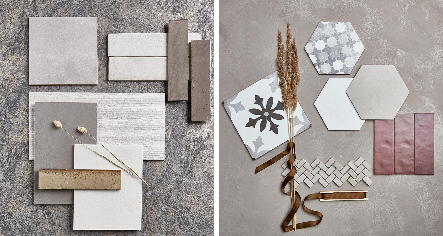 Kauniita luonnonsävyisiä laattoja kollaasissa, laatat myynnissä K-Raudassa