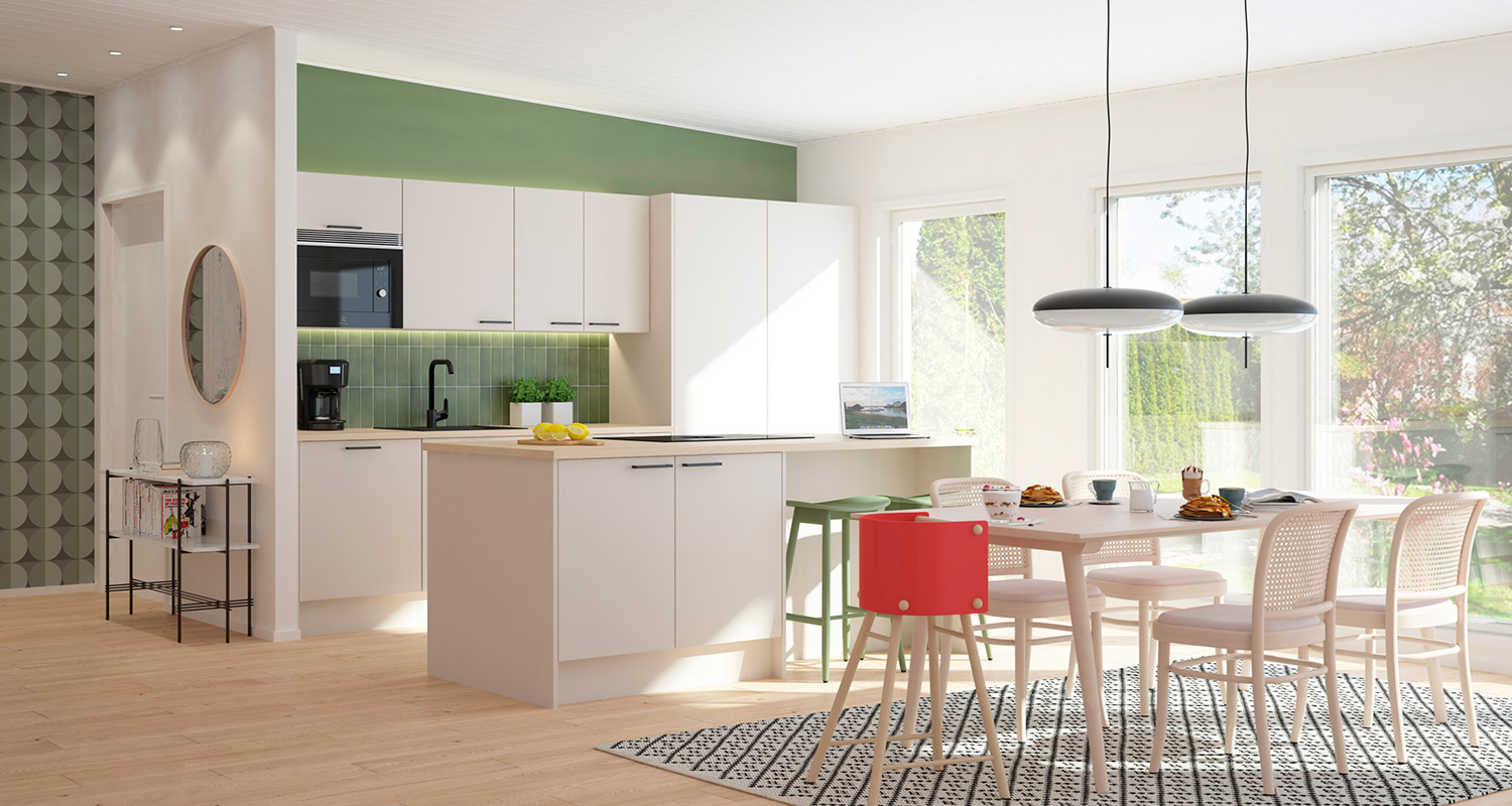 vaalea saarekekeittiö Ainoakoti Fiksu-talomallissa