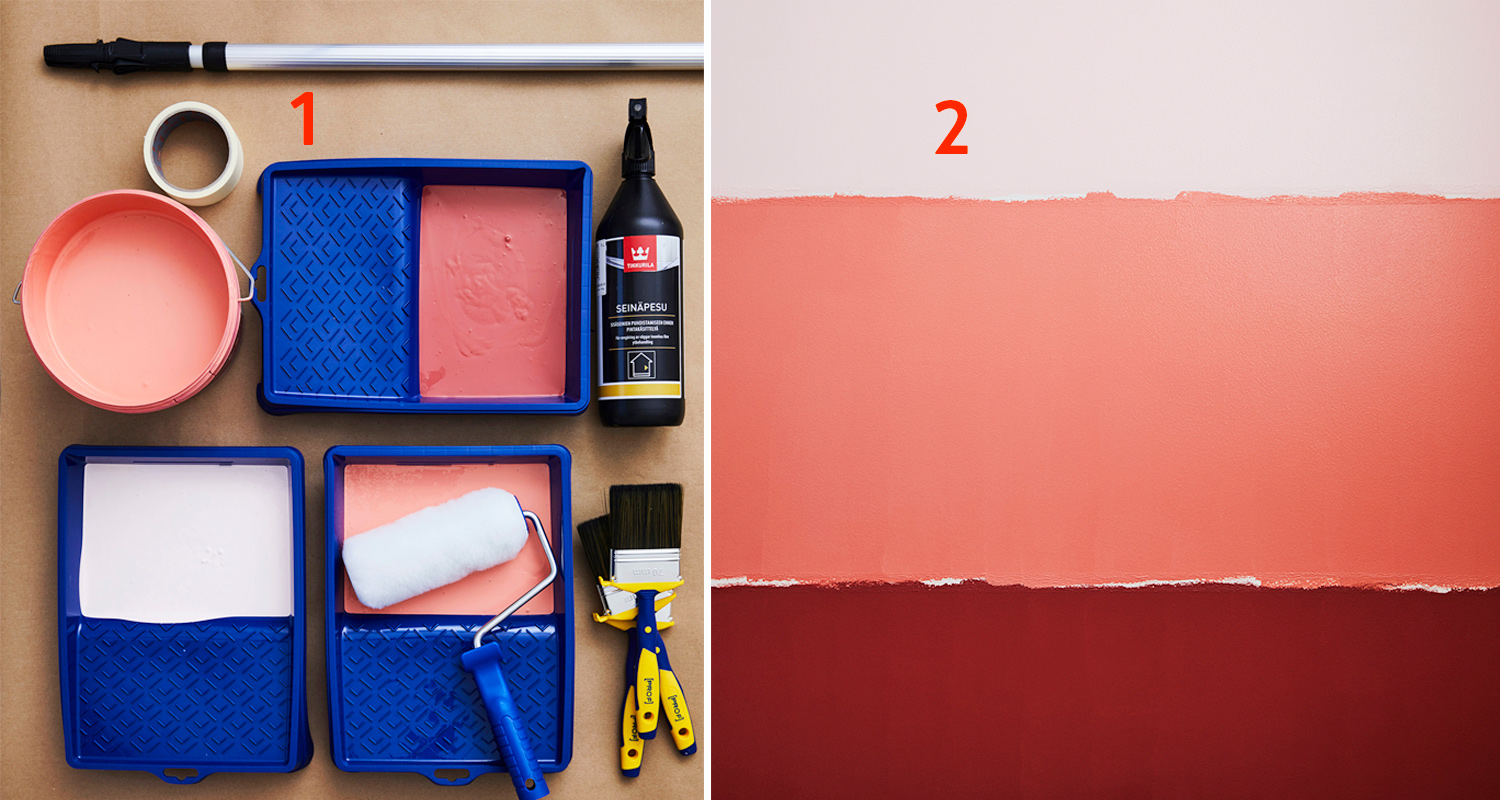 Sinisissä maalivuokissa roosaa maalia vasemmalla; oikealla seinä valkoinen, koralli ja punainen.