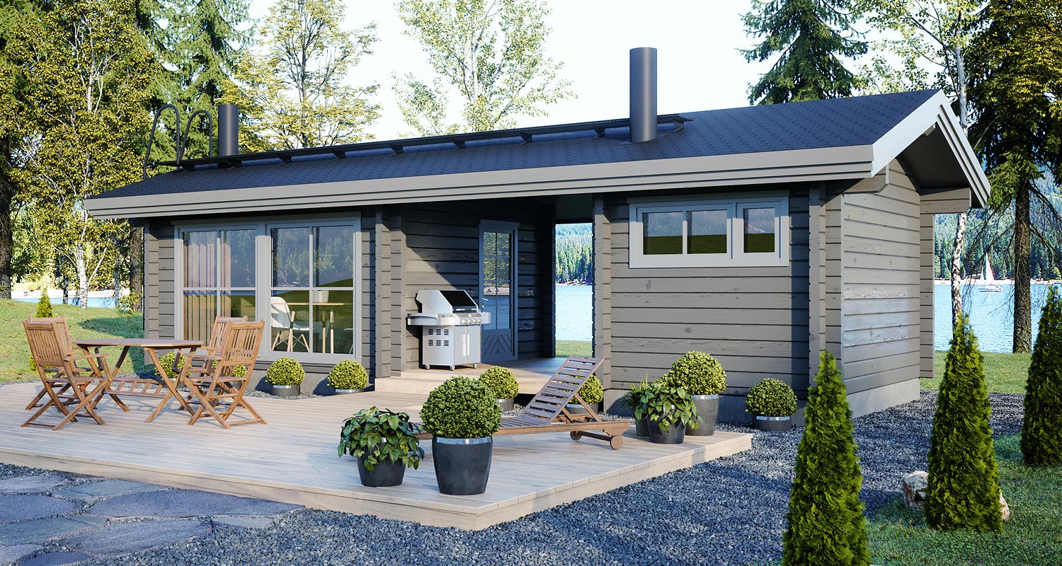 Moderni harmaa hirsimökki järven rannalla terassilla puupöytä, tuolit, aurinkotuoli