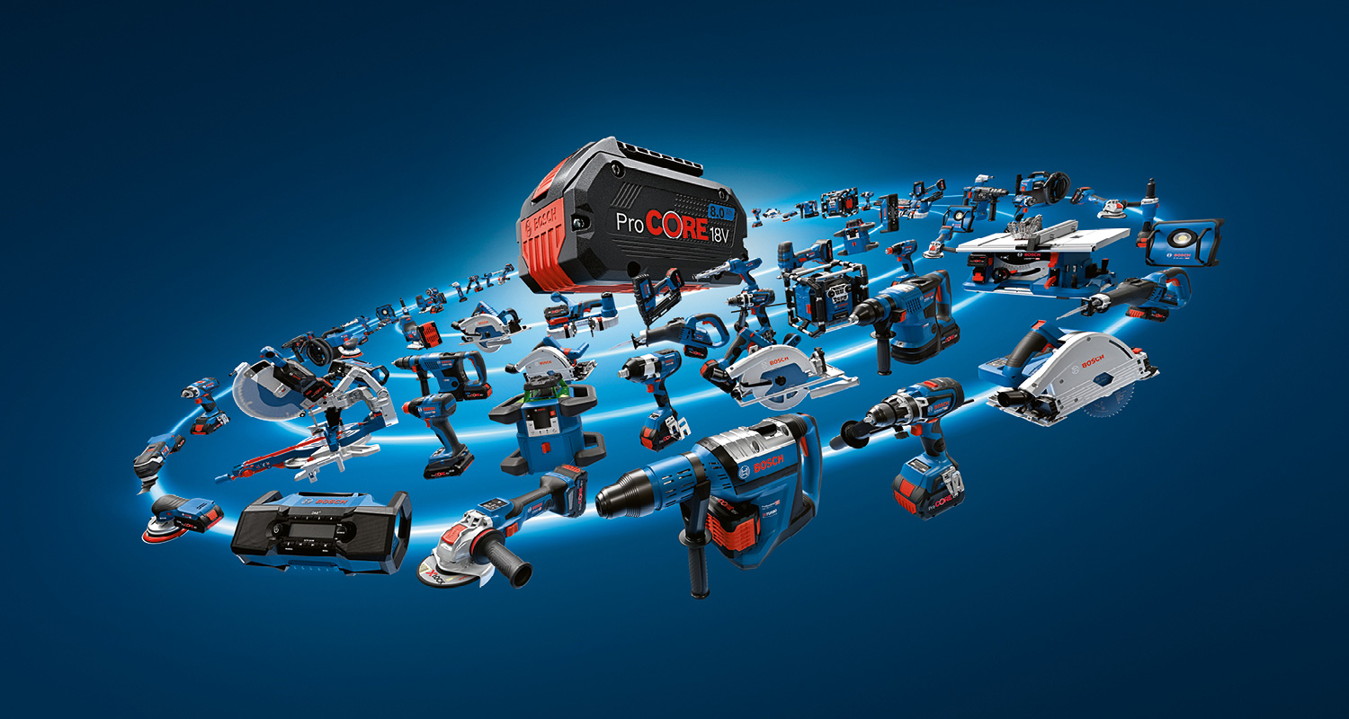 Sinisellä taustalla ProCORE 18V-akku hohtaa keskellä, ympärillä sinisiä ja punaisia Bosch-työkaluja.