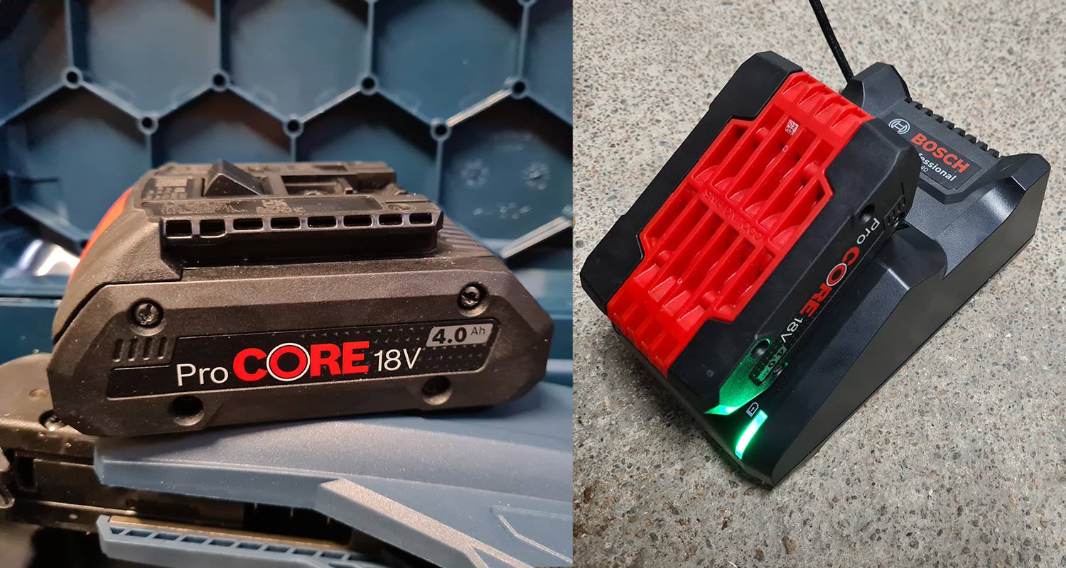 Kuvassa aloituspakkaus Bosch ProCore 18V 2x4,0Ah + GAL 18V-40, jossa 2 akkua ja pikalaturi, myynnissä K-Raudassa