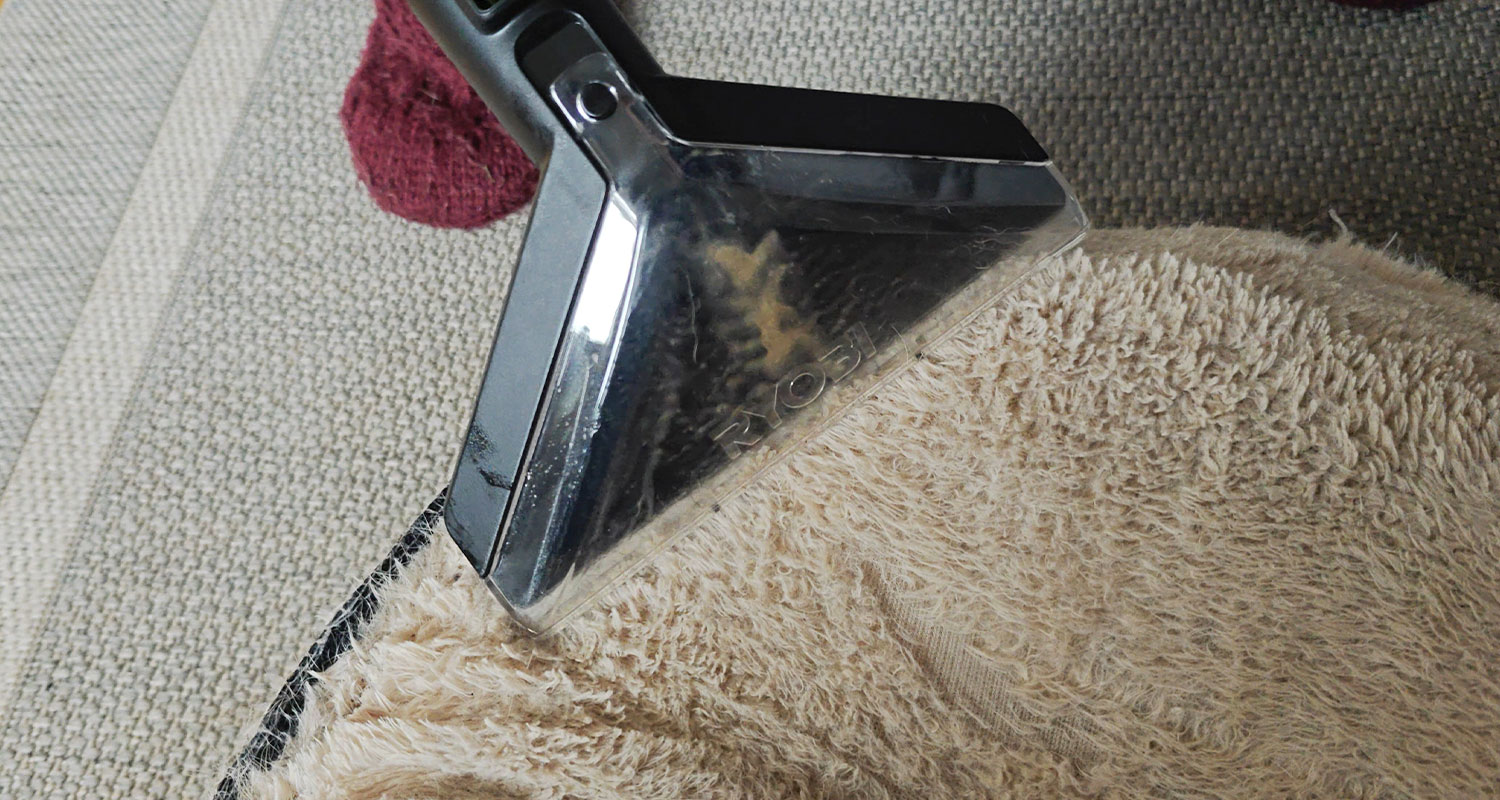 Koiran peti Ryobin RDC18BL-0 18V ONE+ tekstiilipesurin käsittelyssä. Pesuri löytyy K-Raudan valikoimista.