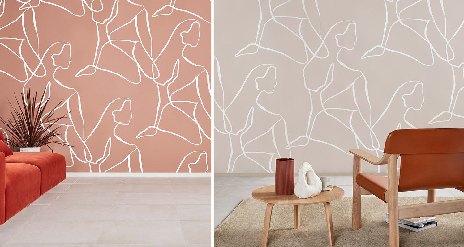 haaveilija-tapetti sävyissä terra rosa ja beige seinässä