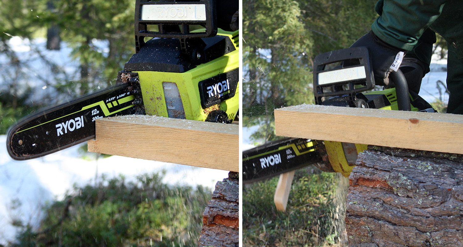Ryobin akkuketjusahalla pätkitään puurimaa