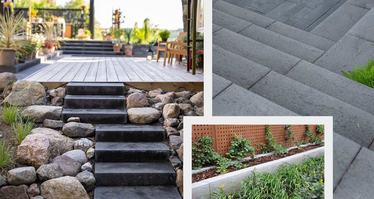 Kaksi erilaista kiviporrasta sekä porraskivistä tehty istutuslaatikko.