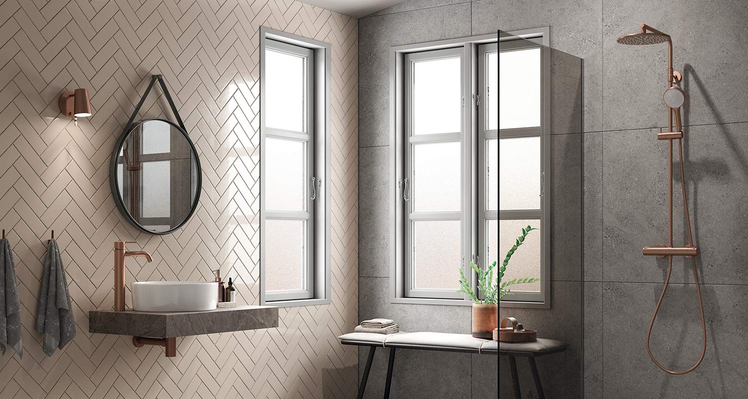 Tyylikäs kylpyhuone, jossa Damixan kuparinvärinen sadesuihku ja hana, Damixan hanat K-Raudasta