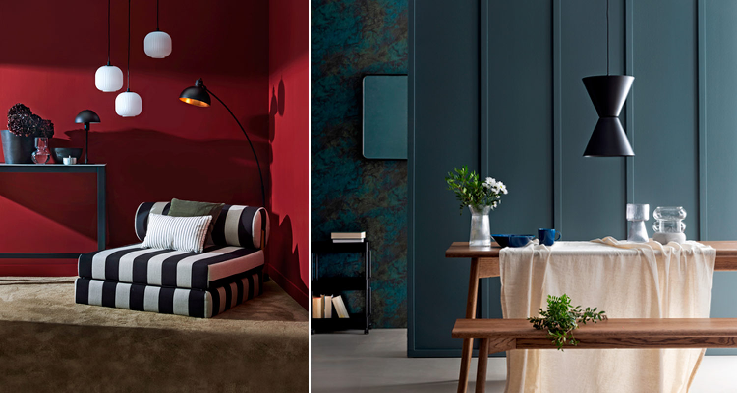 Punaiset seinät, raidallinen lepotuoli ja valaisimet; sinivihreä tausta ja ruokapöytä kukkineen