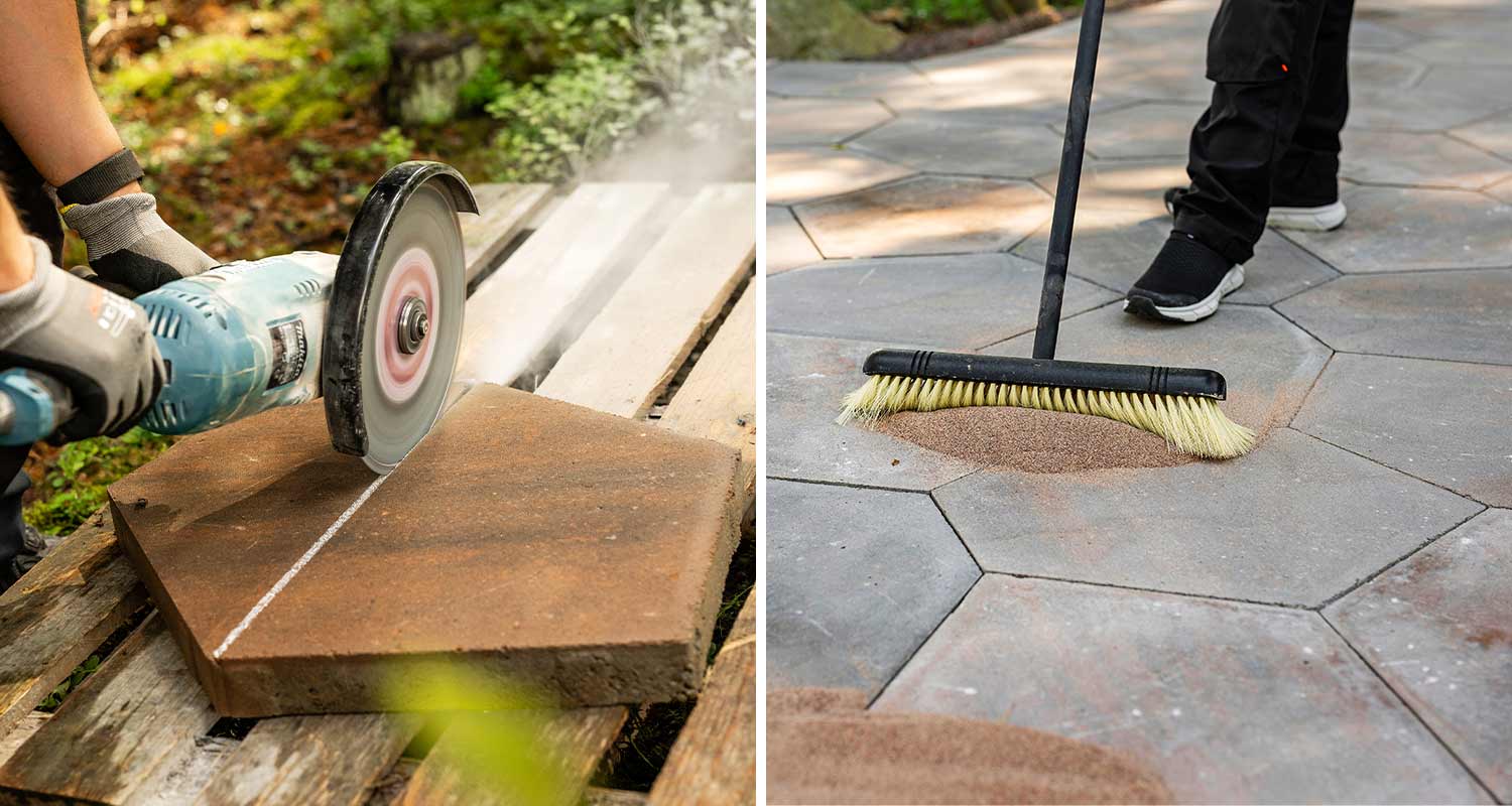 Henkilö sahaamassa ruosteista kuusikulmaista laattaa ja harjaamassa harmaiden laattojen saumahiekkaa.