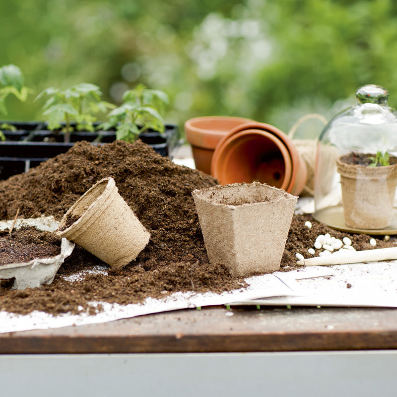 Puutarhapöydällä multaa, biohajoavia ja terrakottaruukkuja sekä pieniä vihreitä taimia