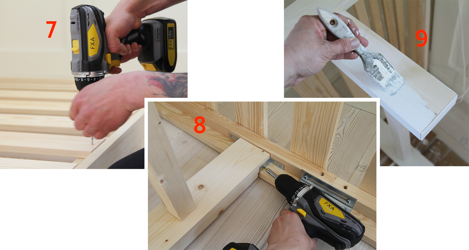 Mäntylautojen porausta, ruuvausta ja valkoista maalausta käsiporalla ja siveltimellä