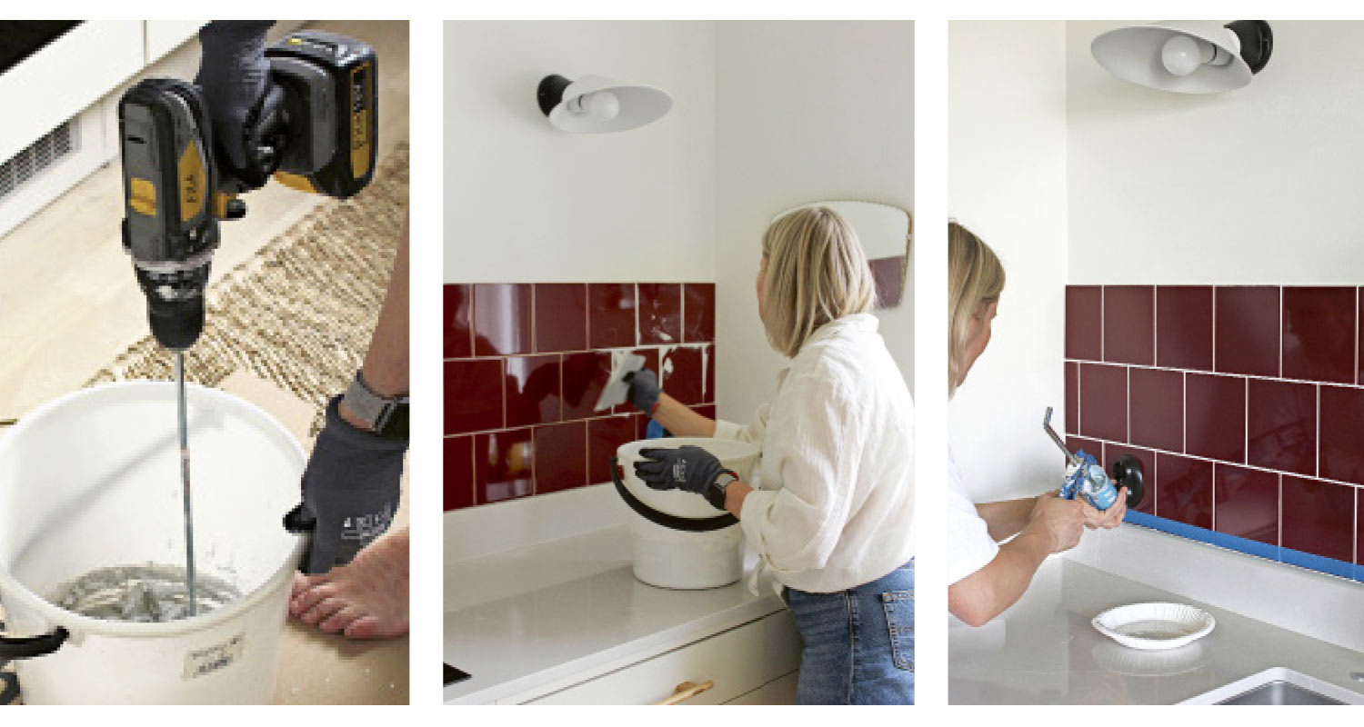 Keittiössä porakoneella laastisekoitus ämpärissä, levitys ja silikonisaumaus punaruskeille laatoille