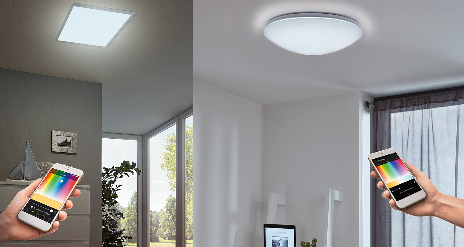 Kädet pitelevät älypuhelimia väripaletilla LED-kattovalaisinten värin ja kirkkauden säätöön