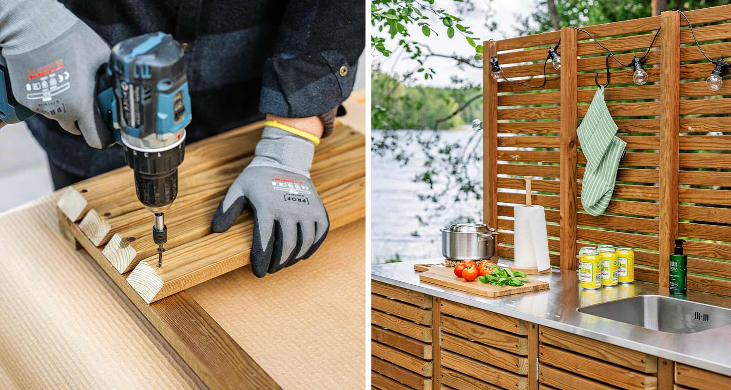 Vas. harmaakäsineinen poraa puupaneelia. Oik. ruskea ulkokeittiö metallitasolla järvimaisemassa.