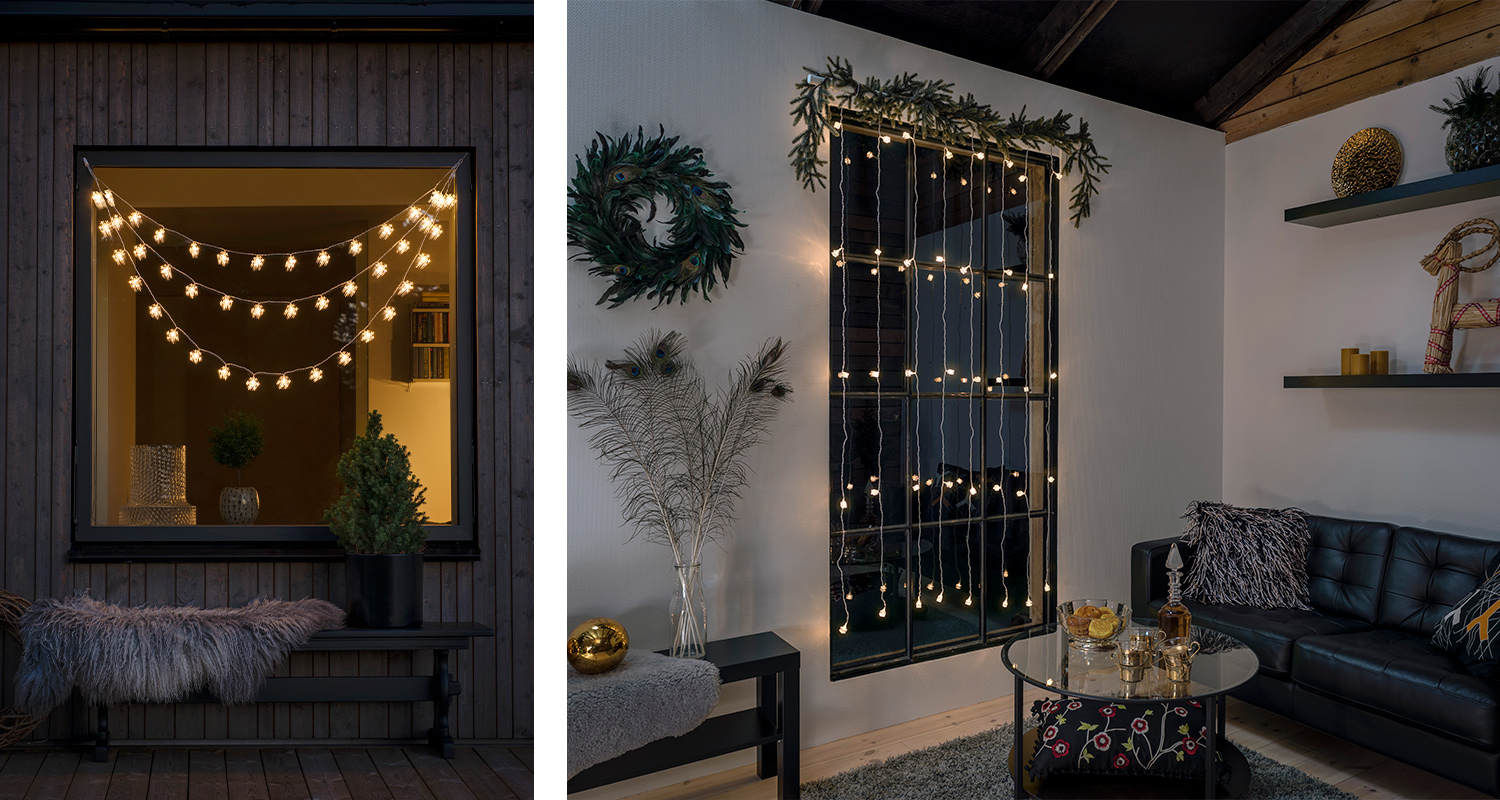 Kaksi erilaista valoverhoa ikkunassa.