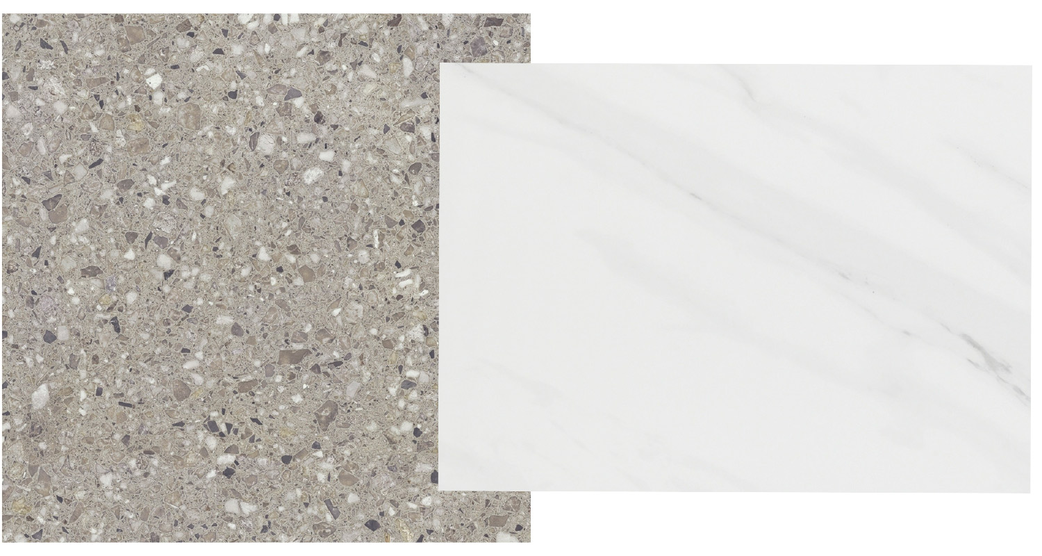 Terrazzotyylinen, mattapintainen Cello Traffic -porcellanato-laatta on kivikuvioinen ja kiillotettu Cello Lenci -porcellanato-laatta jäljittelee kauniisti valkoista Carrara-marmoria. Molemmat K-Raudasta.