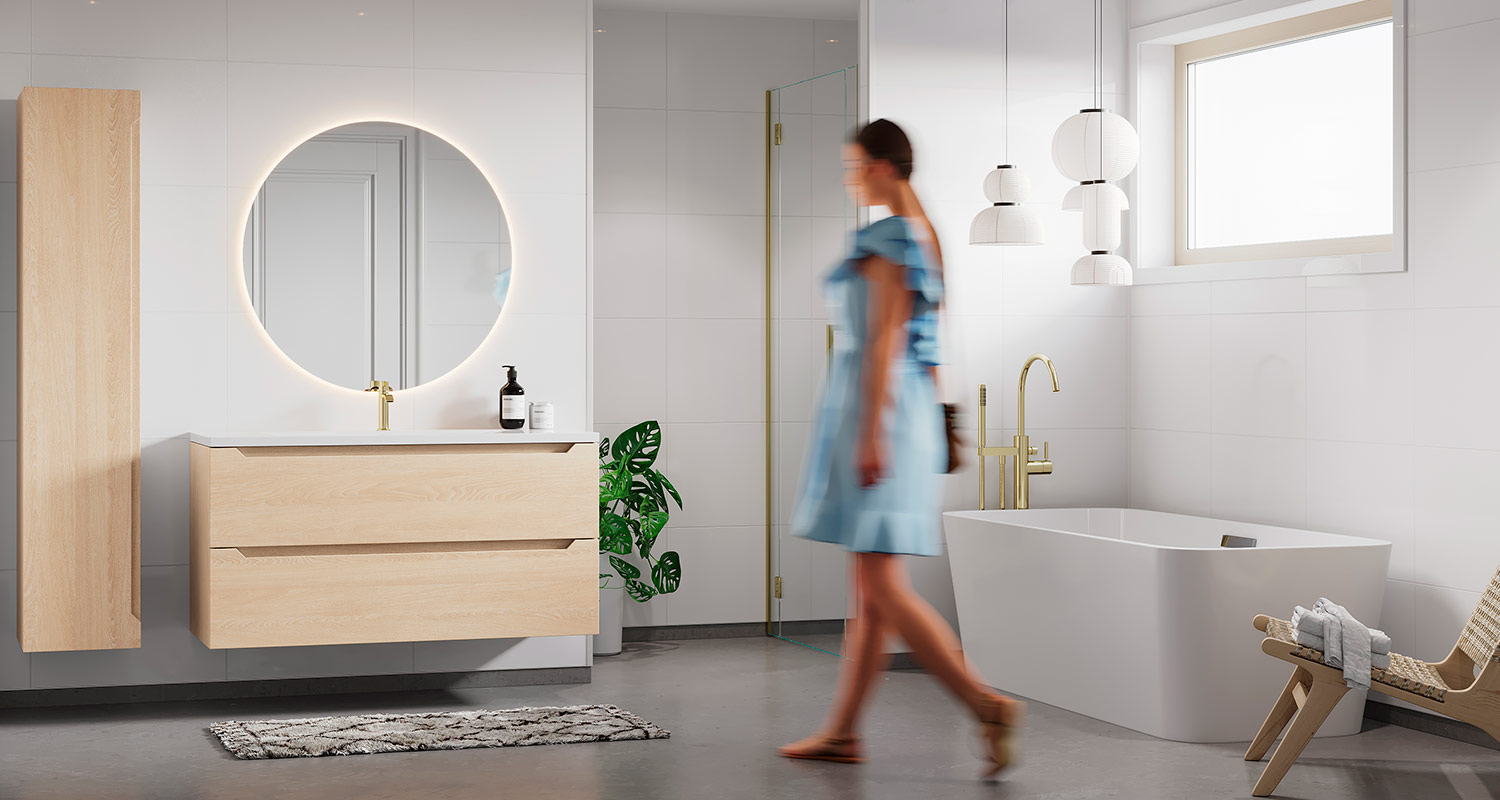 Vaalea Fibo-levyä avarassa kylpyhuoneessa