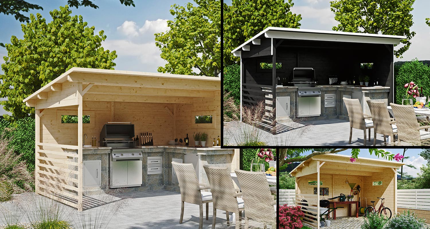 Valmis kesäkeittiökatos Cello Vimmerby puunvärisenä ja tumman harmaaksi käsiteltynä K-Raudasta