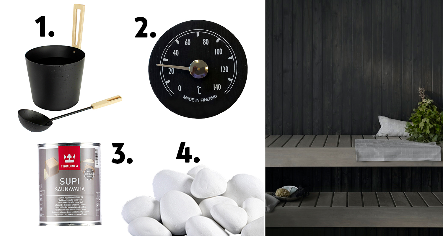 Kuvassa saunatarvikkeita, joilla luo saunan sisustus 150 euron budjetilla. Kaikki kuvan tarvikkeet, löylysetti, lämpömittari, kiuaskivet sekä saunavaha, ovat K-Raudan valikoimasta.