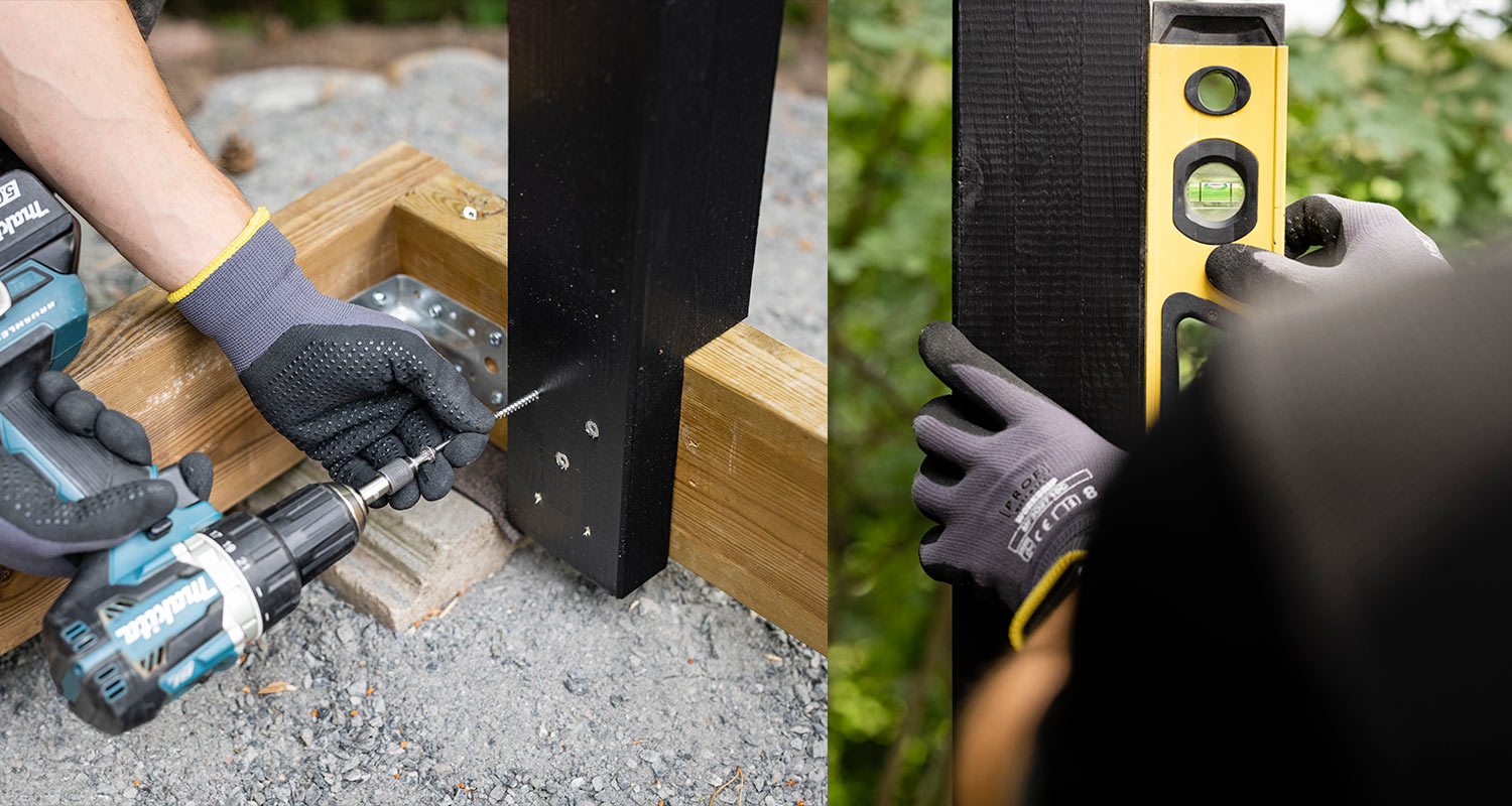 Modernin pergolan rakentaminen. Kuvassa tolppien kiinnitys ja suoruuden tarkistus.