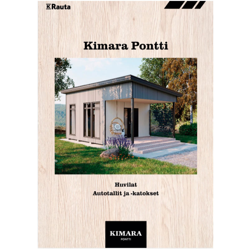 Vaaleanharmaa moderni mökki isoilla ikkunoilla ja katetulla terassilla rottinkikeinulla.