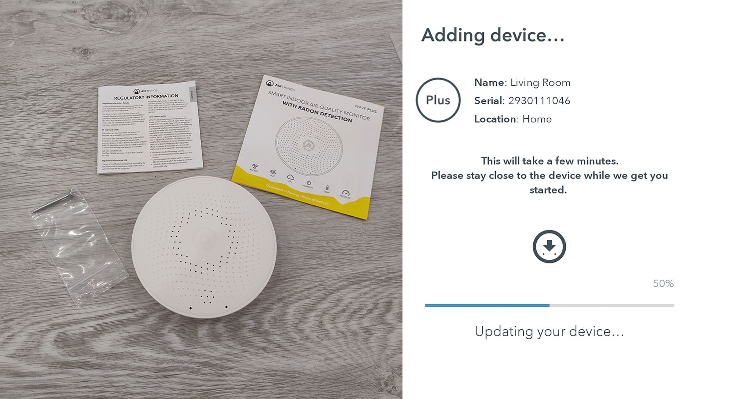 Airthings Wave Plus mittarin pakkaus avattuna, tuote myynnissä K-Raudassa