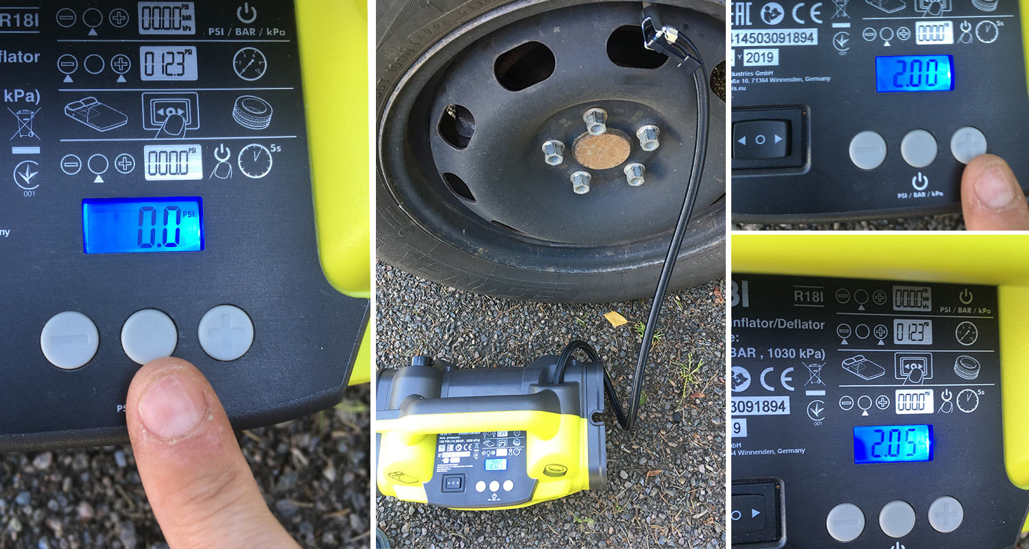 Renkaan ilmanpaineen tarkistus Ryobin akkukompressorilla