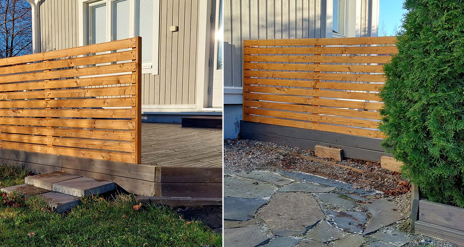 Kuvan terassin kaiteena sekä piha-aitana näkyy aitaelementti Goodiy Kirsikka 80x180cm ruskea. Tuotetta myy K-Rauta.